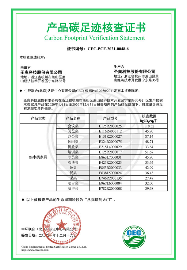 圣奧科技股份有限公司產(chǎn)品碳足跡核查證書-CEC-PCF-2021-0048-6-實木類家具