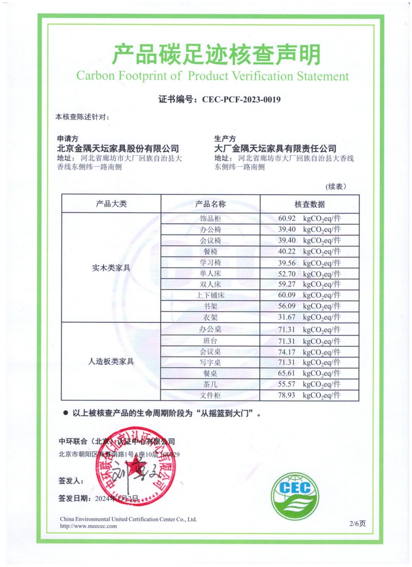 大廠金隅天壇家具有限責(zé)任公司-CEC-PCF-2023-0019