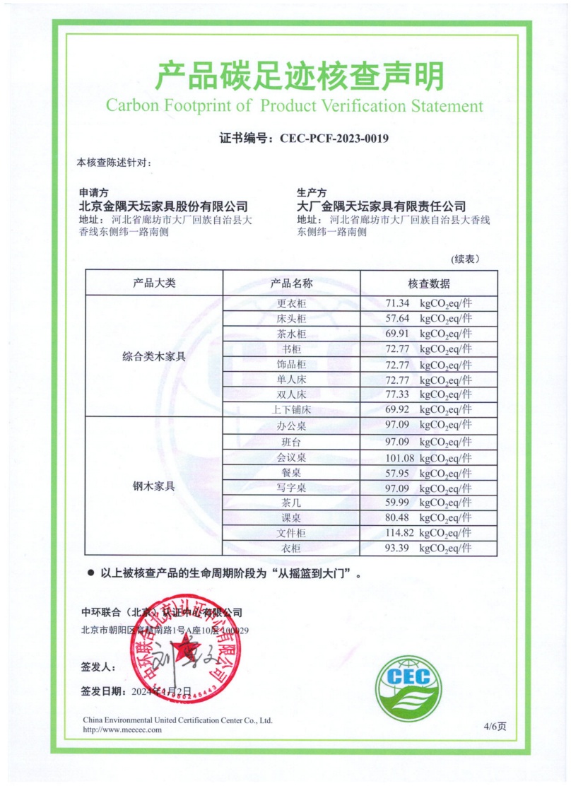 大廠金隅天壇家具有限責(zé)任公司-CEC-PCF-2023-0019